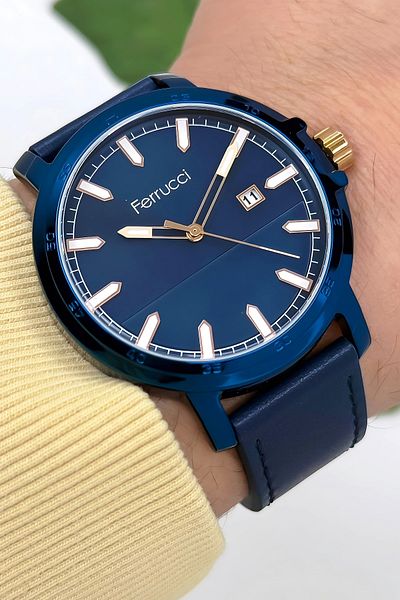 Ferrucci Leather Band Calendar Men's Wrist Watch with Bracelet Gift 3 Atm Water Resistant Navy Blue Zmfer1