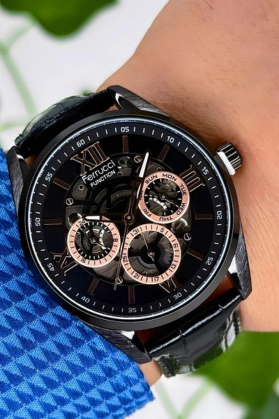 Ferrucci Function Men's Wristwatch Black Leather Cord Bracelet Gift 3atm Water Resistance