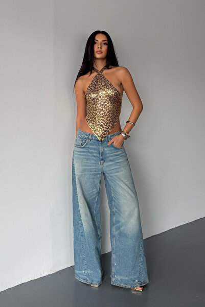 Trend aksesuar Zırh Kumaş Leopar Desen Crop Büstiyer