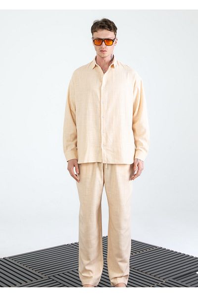 EGHO Men's Cotton Linen Blended Long Sleeve Shirt Pants Set