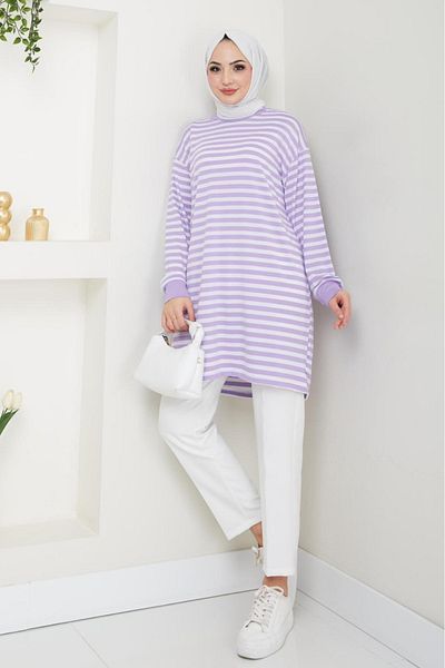 PALME D'OR Fashion Neva Thin Anti-Sweat Soft Combed Cotton Fabric Summer Hijab Striped Tunic