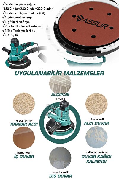 ASSUR 360 ledli 850w Pro Alçıpan Zımpara Makinası Toz Emmeli