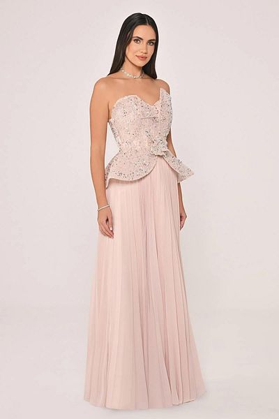 ALFABETA Single Off Shoulder Top Sequin and Stone Detailed Skirt Pleated Chiffon Long Dress