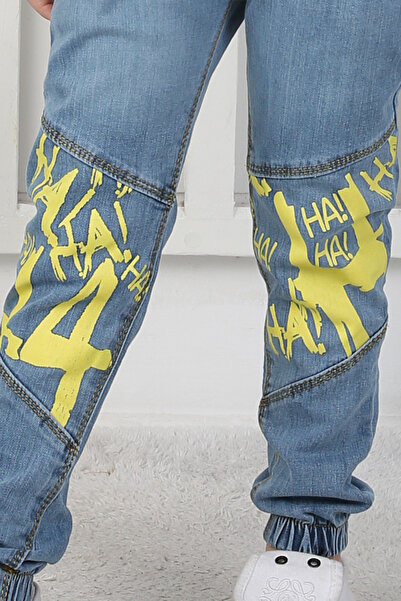 e-çocuk Yellow Graffiti Printed Boy's Blue Jeans 6209