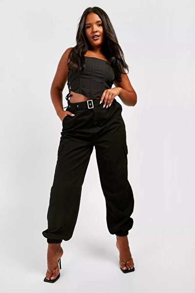 Şans Plus Size Black Women's Jogger Pants with Belt, High Waist, Elastic Leg, Cargo Pocket 65N38749