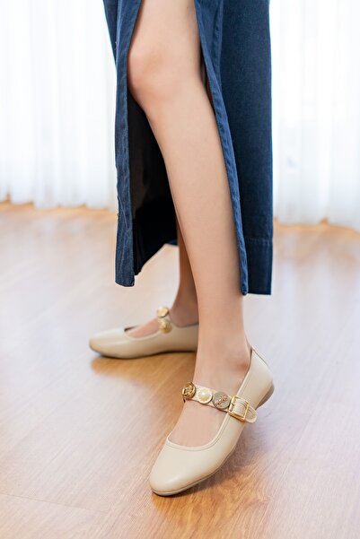 DİVOLYA Myra Beige Helmet Accessories (1 cm Heel) Round Toe Ballerinas with Helmet