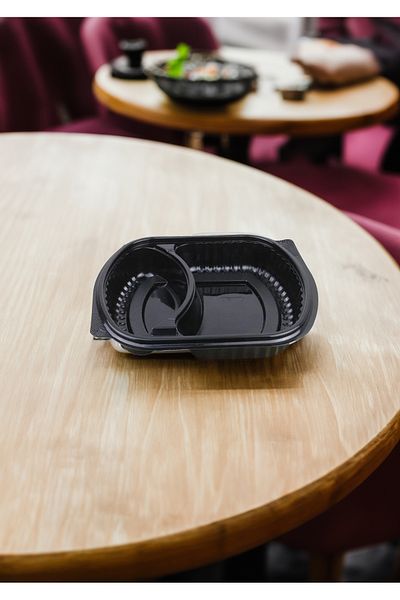 PLASTİKAP Black Plastic Lid Food Container Microwave Container 2 Compartments 10 Pieces