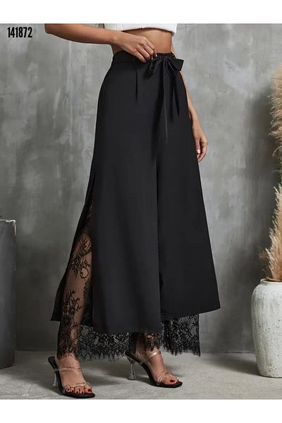 moda wanilia Women's High Waist Lace Detailed Belted Diver Fabric Pants
