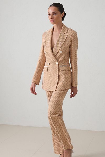 Setre Beige Asymmetrical Closure Button Detailed Jacket, Waist and Pocket Detailed Pants Patterned Set