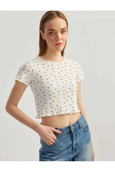 Koton Cherry Printed Short Sleeve Crew Neck Ribbed Crop T-Shirt