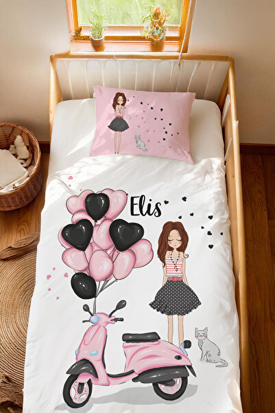 Homamia İsme Özel %100 Pamuk 100x200 Montessori Nevresim Takımı Motosikletli Kız