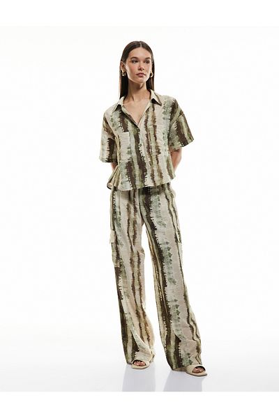 Koton Viscose Cargo Pocket Tie-Dye Patterned Wide Leg Trousers