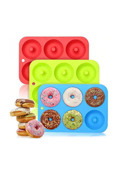 Choice قالب دونات سيليكون أزرق وأخضر وأحمر مكون من 6 فتحات، مقلاة خبز غير لاص...