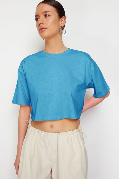 Trendyol Collection Tricou tricotat turcoaz - 100% bumbac, Premium TWOSS23TS00038