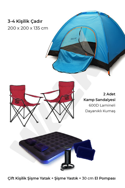 Walke Lüks Kamp Seti 4 Kişilik Çadır Çift Kişilik Yatak 2 Adet Kırmızı Sandalye 2 Yastık Pompa