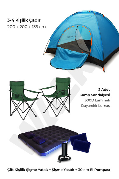 Walke Lüks Kamp Seti 4 Kişilik Çadır Çift Kişilik Yatak 2 Adet Yeşil Sandalye...