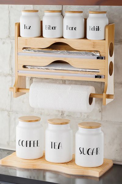 ANJEAHOME Florence 4-Shelf Bamboo Stretch, Foil and Roll Napkin Holder Box (Wall Mounted)