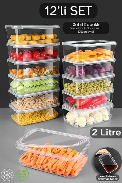 Meleni Home 12 Pieces Leak Proof Self Lid Fit for Deep Freezer Storage Container Organizer Food Container 2 Lt