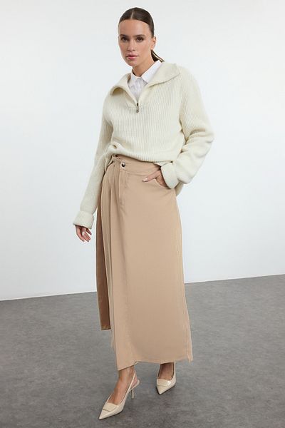 Trendyol Modest Beigefarbener, mit Taschen bedeckter, gewebter Rock TCTAW25EE00010