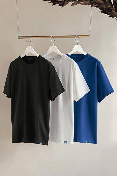 Trendyol Collection Black-White-Navy 3-Piece Oversize/Wide Cut Label 100% Cotton T-Shirt