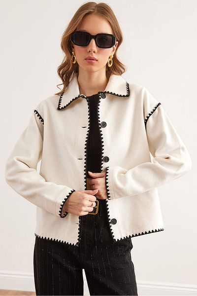 Olalook Women's Ecru Crochet Detailed Cashmere Jacket Ckt- 19000426