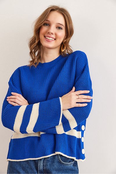 Olalook Women's Saks Blue Side Button Detailed Striped Knitwear Sweater Kzk- 19000967