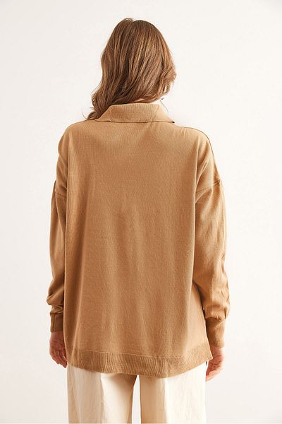 Olalook Women's Camel Gold Buttoned Polo Neck Slim Knitwear Sweater Kzk- 19000964