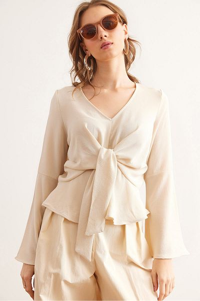 Olalook Damen-Blusenbluse mit V-Ausschnitt und spanischem Ärmelknoten-Detail in Steinoptik BLZ- 19002828