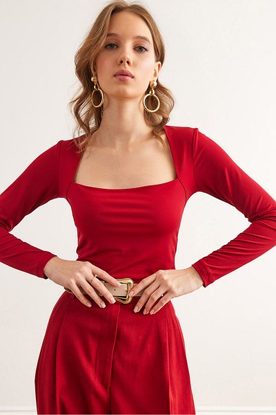 Olalook Bluză de damă cu guler pătrat roșu Claret - BLZ- 19002827
