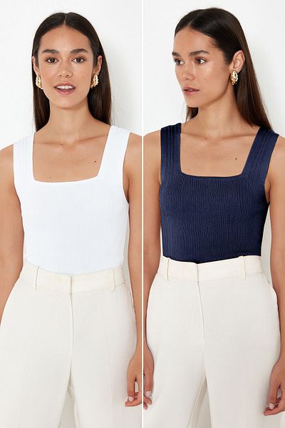 Trendyol Collection Marineblau-Ecru Basic Double Pack Top Dünne Bluse TWOSS24BZ00623