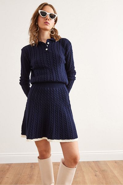 Olalook Women's Navy Blue Polo Neck Sweater Mini Skirt Knitwear Suit Tkm- 19000352