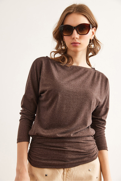 Olalook Women's Brown Bottom Drape Detail Wool Viscose Blouse Blz- 19002836