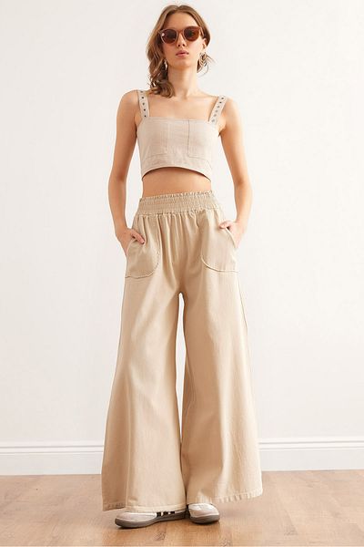 Olalook Damenhose aus Gabardine-Baumwolle – elastische Taille, Taschen, spanisches Bein PNT- 19000314