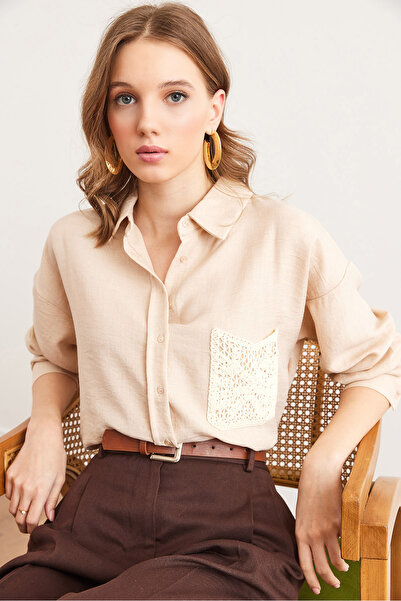 Olalook Women's Stone Guipure Pocket Detailed Linen Look Shirt Gml- 19001286