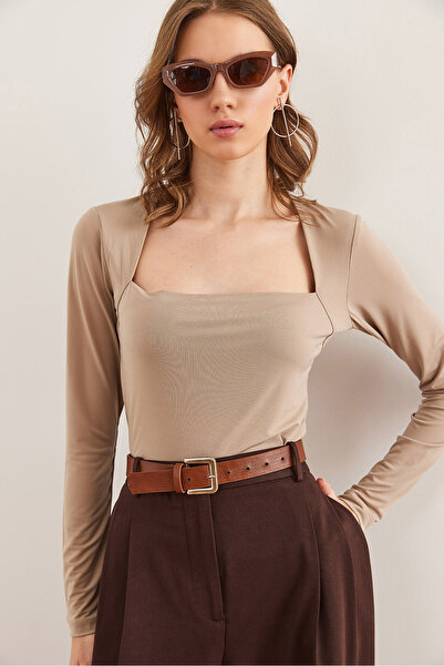 Olalook Women's Stone Square Neck Crop Sandy Blouse Blz- 19002827