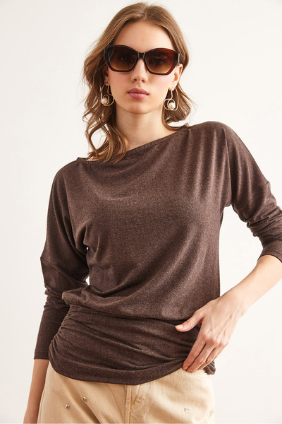 Olalook Women's Brown Bottom Drape Detail Wool Viscose Blouse Blz- 19002836