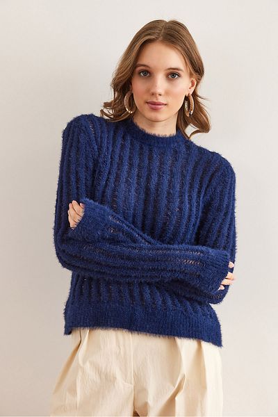 Olalook Dark Blue Openwork Women's Knitwear Sweater - Bearded Kzk- 19000966