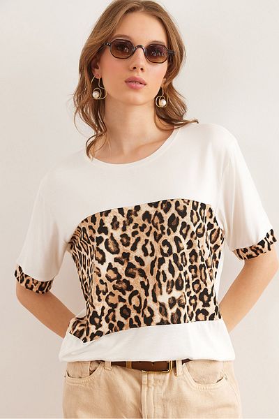 Olalook Dámské pletené viskózové tričko Ecru Roba Leopard Garnish TSH- 19000835
