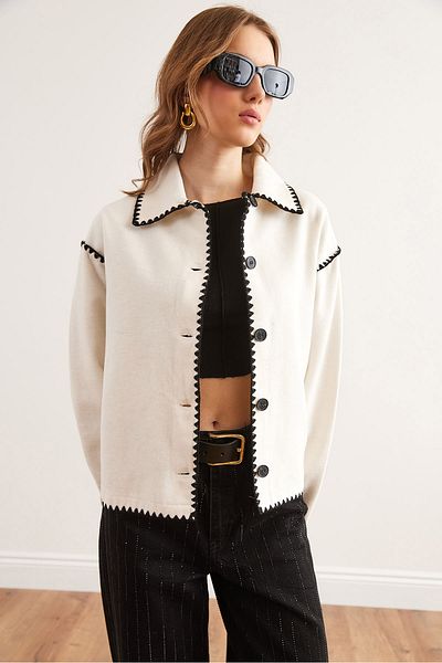 Olalook Women's Ecru Crochet Detailed Cashmere Jacket Ckt- 19000426