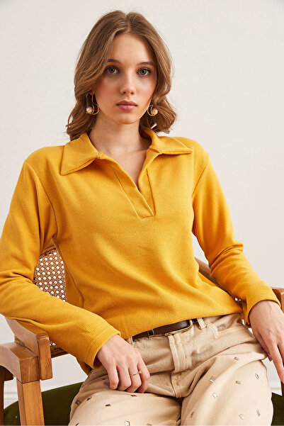 Olalook Kadın Hardal Polo Yaka Selanik Bluz BLZ-19002810