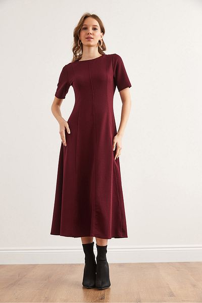 Olalook Burgunderrotes, gestricktes Midikleid mit Reißverschluss hinten für Damen ELB- 19002342