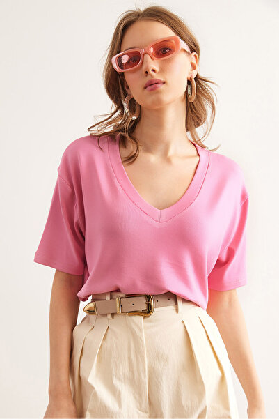 Olalook Bluză de damă, roz caramel, cu decolteu în V, cu atingere moale, BLZ-...