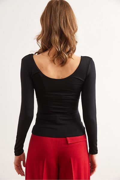Olalook Γυναικεία μαύρη μπλούζα με λαιμόκοψη Lycra με απαλή υφή BLZ- 19002471