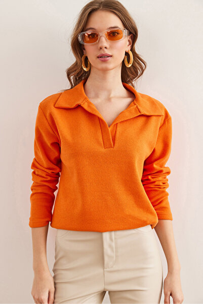 Olalook Kadın Turuncu Polo Yaka Selanik Bluz BLZ-19002810