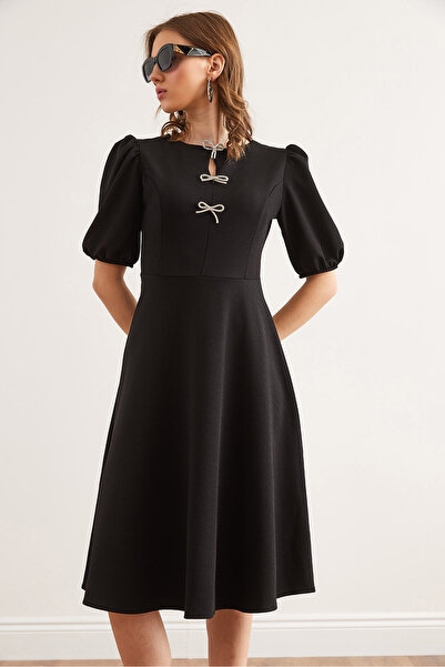 Olalook Rochie tricotată midi cu fundă neagră pentru femei ELB- 19002341