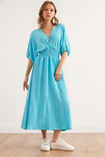 Olalook Rochie midi pentru femei, uni, albastru deschis în talie, cu rever dublu, ELB- 19002100