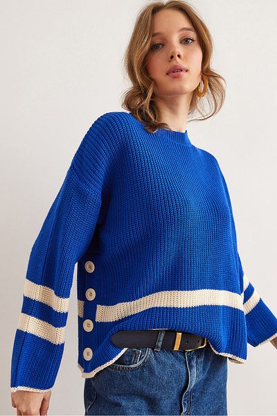 Olalook Women's Saks Blue Side Button Detailed Striped Knitwear Sweater Kzk- 19000967