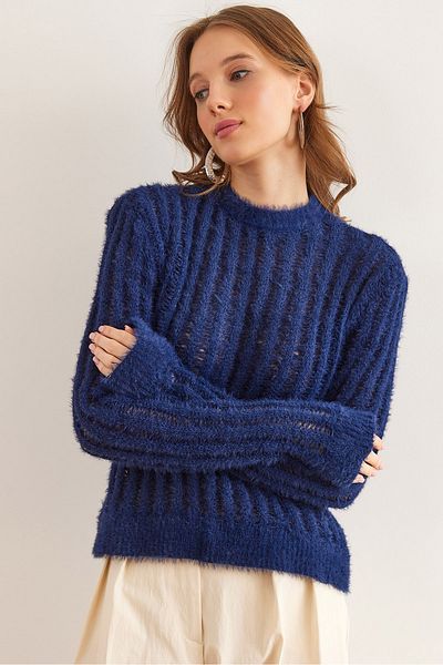 Olalook Dark Blue Openwork Women's Knitwear Sweater - Bearded Kzk- 19000966