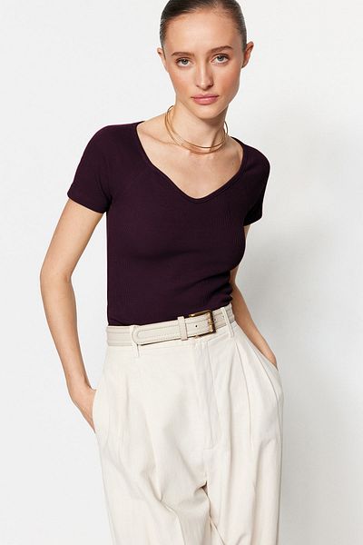 Trendyol Collection Εύκαμπτη βαμβακερή μπλούζα δαμάσκηνου - Καθισμένη στο σώμα, TWOSS21BZ0579
