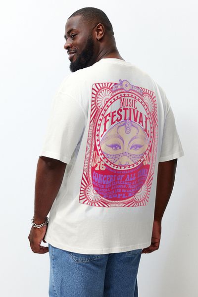 Trendyol Collection Unisex Plus Size Ecru Oversize T-Shirt - Ethnic Back Print, 100% Cotton Tmnss25Bf00019